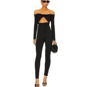 NWT $238 NBD JOURNI OFF THE SHOULDER BLACK JUMPSUIT W/KNOTTED FRONT & CUTOUT M
